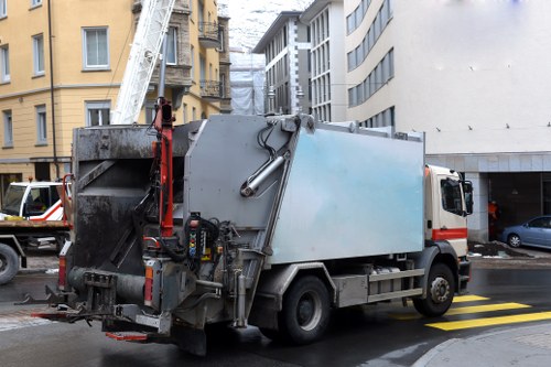 Illustration of accessible commercial waste collection in Harrow with workers and signage